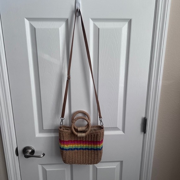 Straw Woven Tote Bag Rainbow Stripe Top Handle Crossbody Purse - Picture 13 of 14